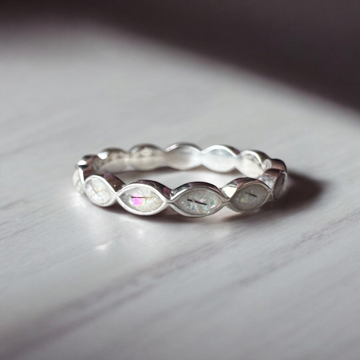 Sterling Silver Marquise Eternity Ring with Breastmilk or Cord DNA keepsake - Handmade in Wales - can be made with ashes, breastmilk, teeth, umbilical cord, hair/fur or other precious inclusions