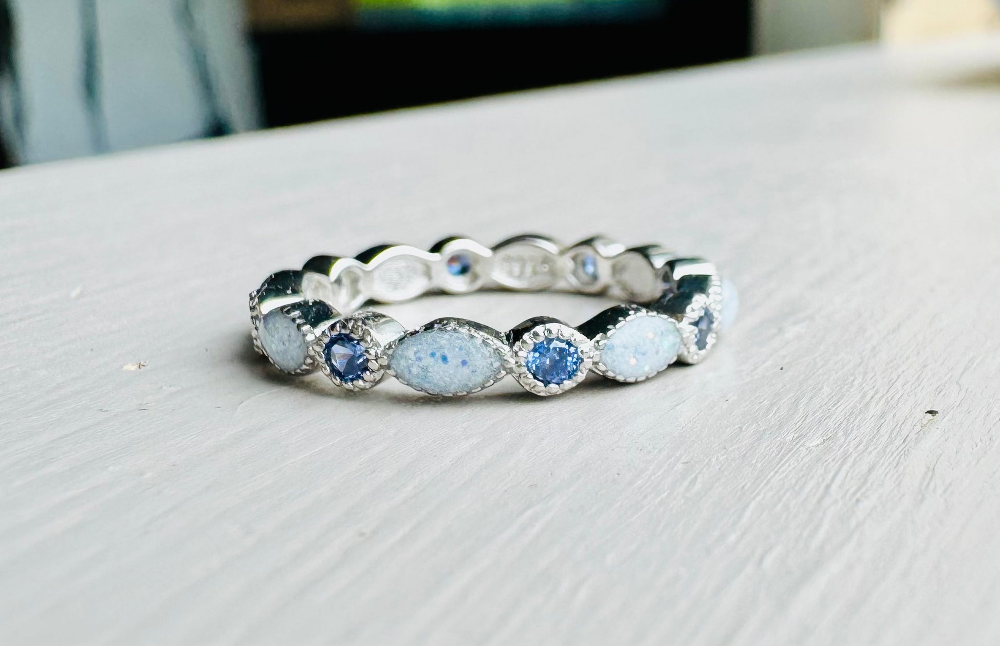 Sterling Silver Birthstone Marquise Eternity Ring with Breastmilk or Cord DNA keepsake - Handmade in Wales - can be made with ashes