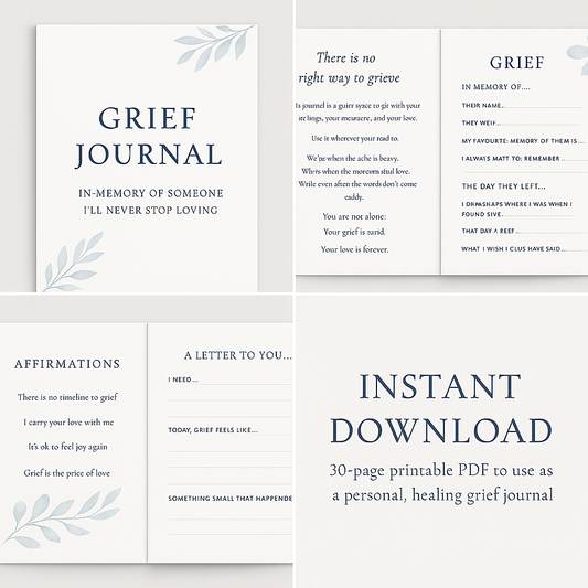 Digital grief support journal shown with printable pages and soft visual style