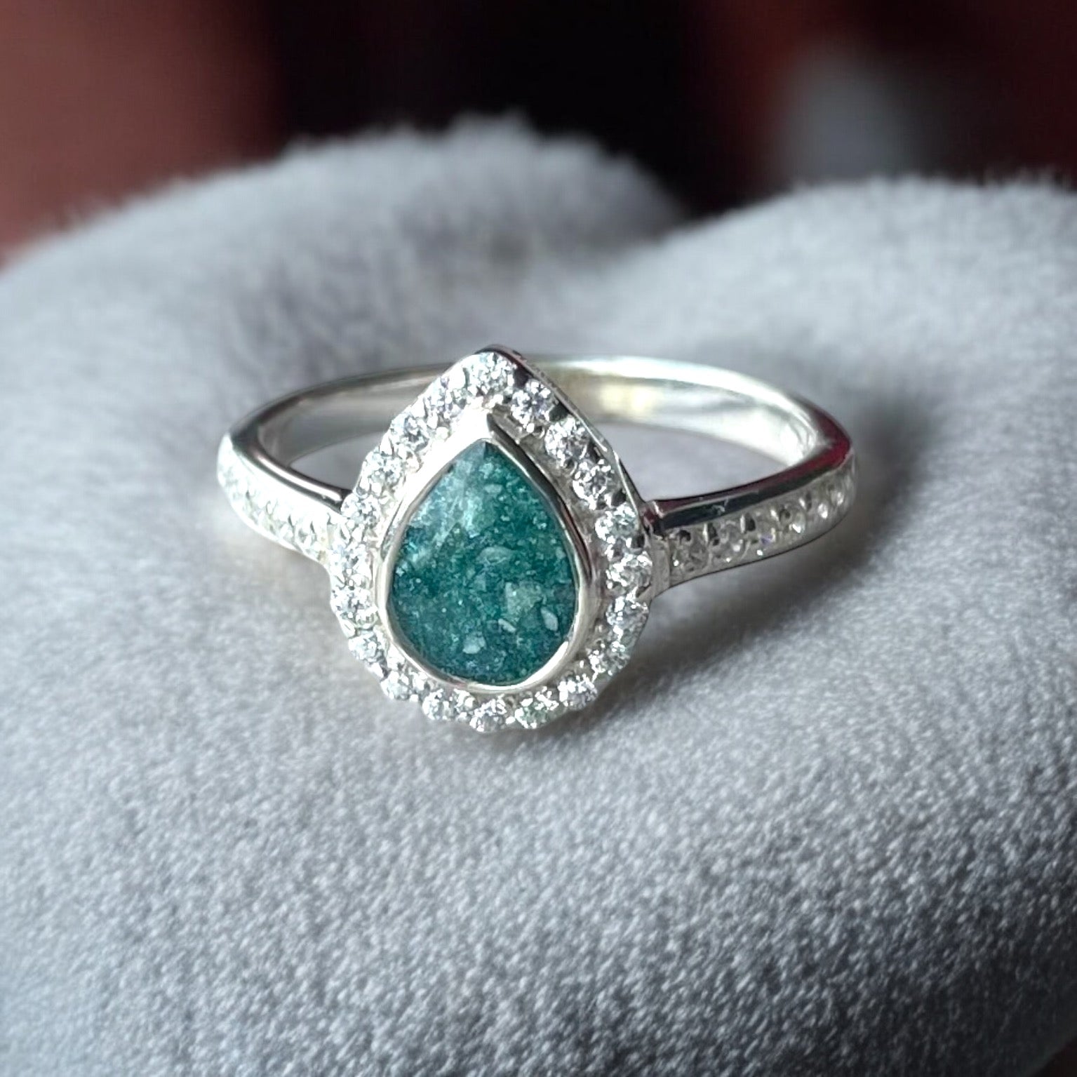 Crystal Halo Pear Ring Memorial DNA Jewellery made with breastmilk Ashes Cord Hair - handmade in wales - Sterling Silver