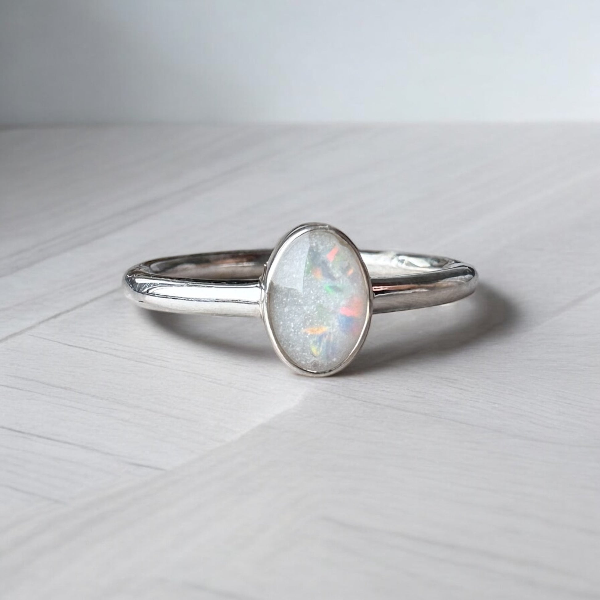 Oval stacking ring with opal Keepsake Memorial DNA Jewellery made with breastmilk Ashes Cord Hair - handmade in wales - Sterling Silver - Breastfeeding 