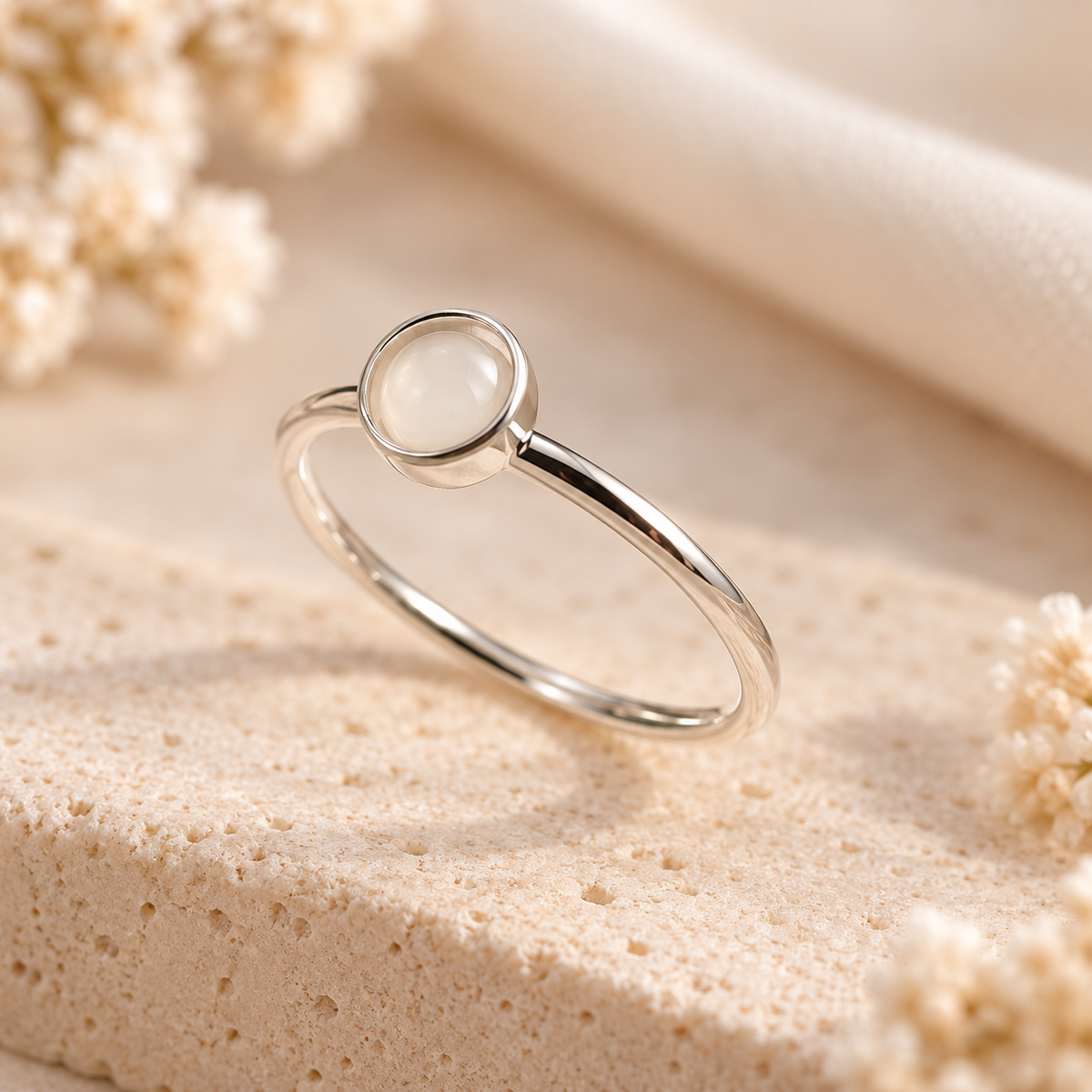 Angled view of a sterling silver petite keepsake ring showing its small circular milky white resin setting and delicate band.