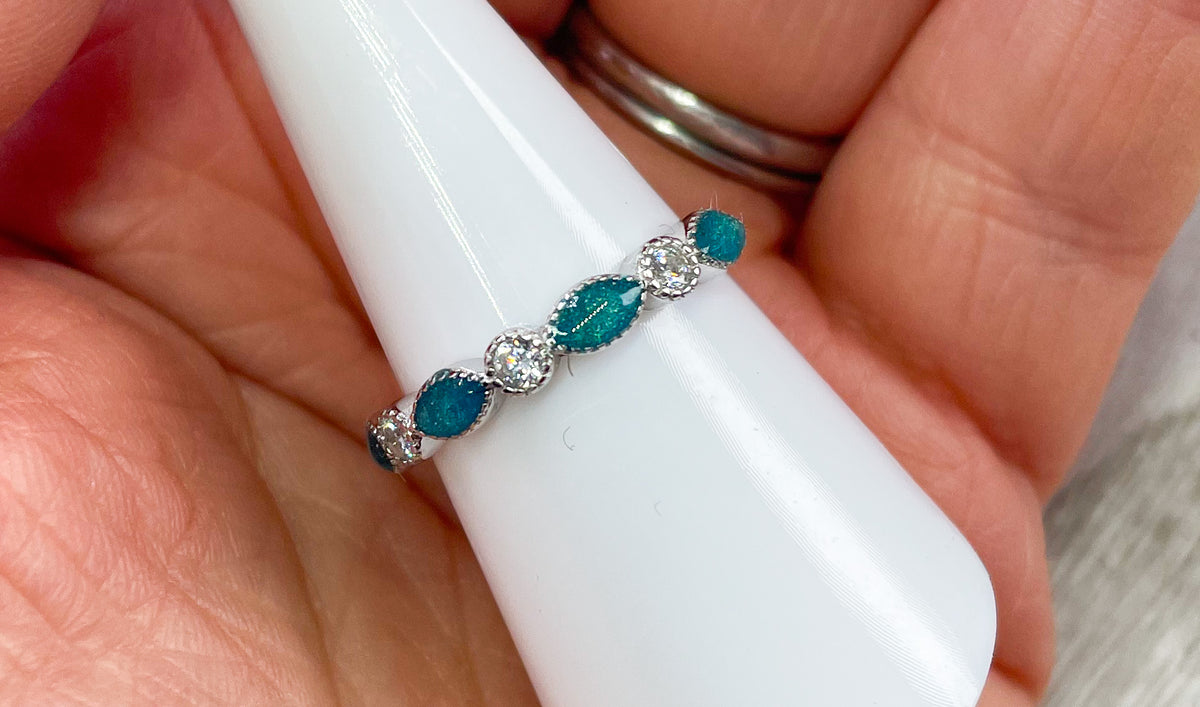 Ring Eternity Crystal Marquise Keepsake Memorial DNA Jewellery made with breastmilk Ashes Cord Hair - handmade in wales - Sterling Silver