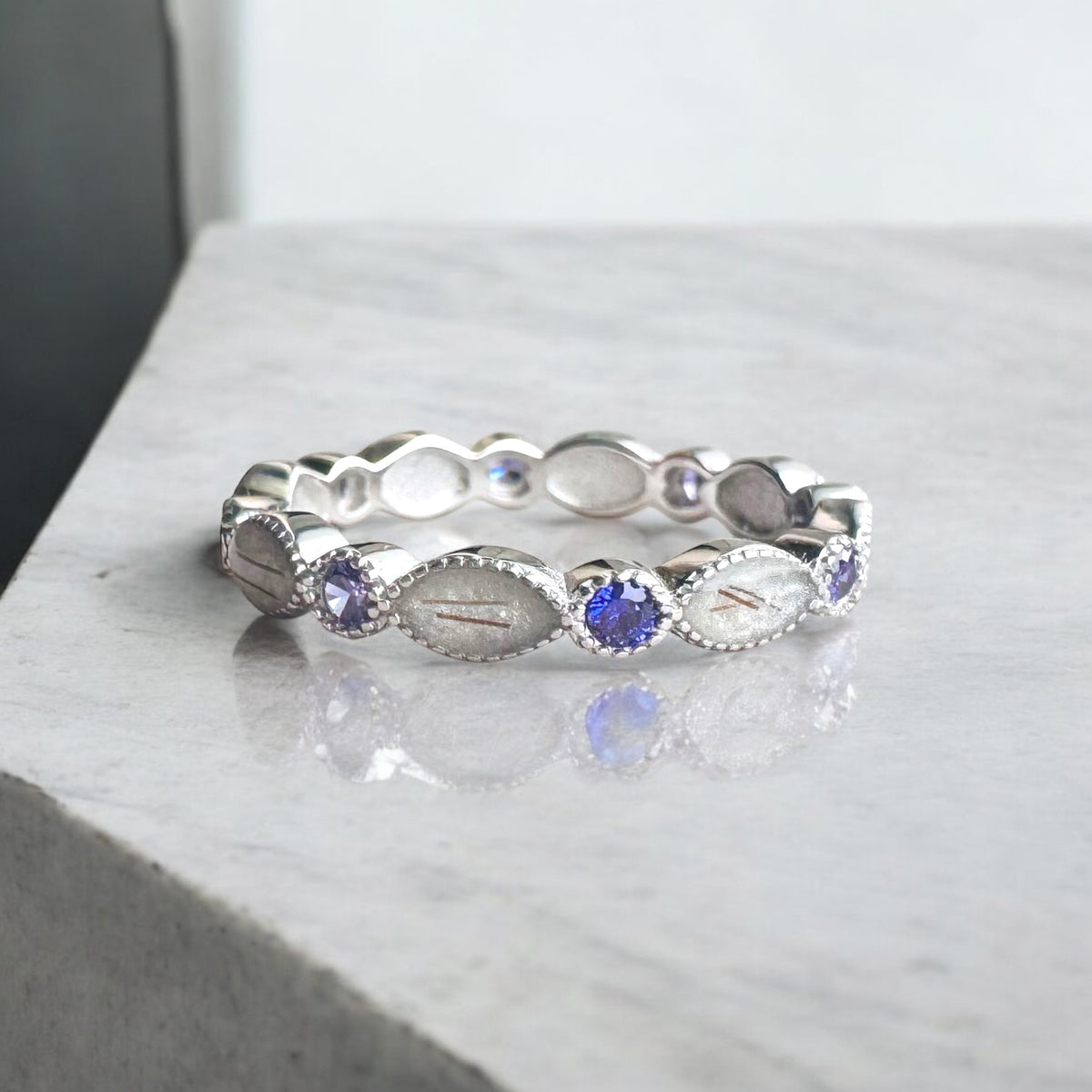 Sterling Silver Birthstone Crystal Marquise Eternity Ring with Breastmilk or Cord DNA keepsake - Handmade in Wales - can be made with ashes