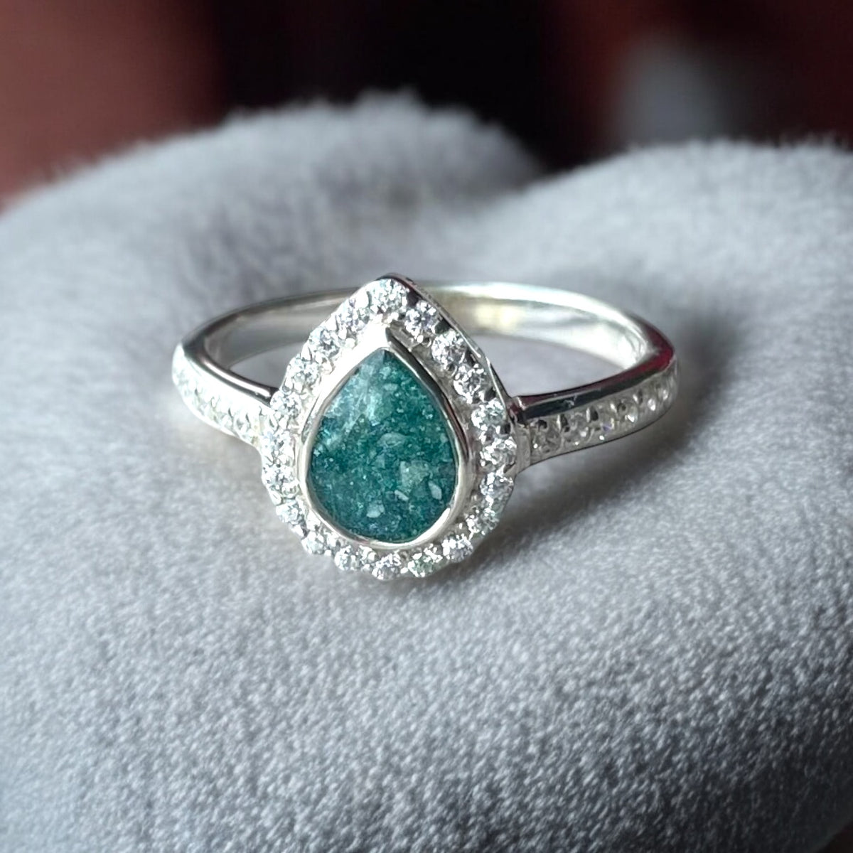 Crystal Halo Pear Ring Memorial DNA Jewellery made with breastmilk Ashes Cord Hair - handmade in wales - Sterling Silver