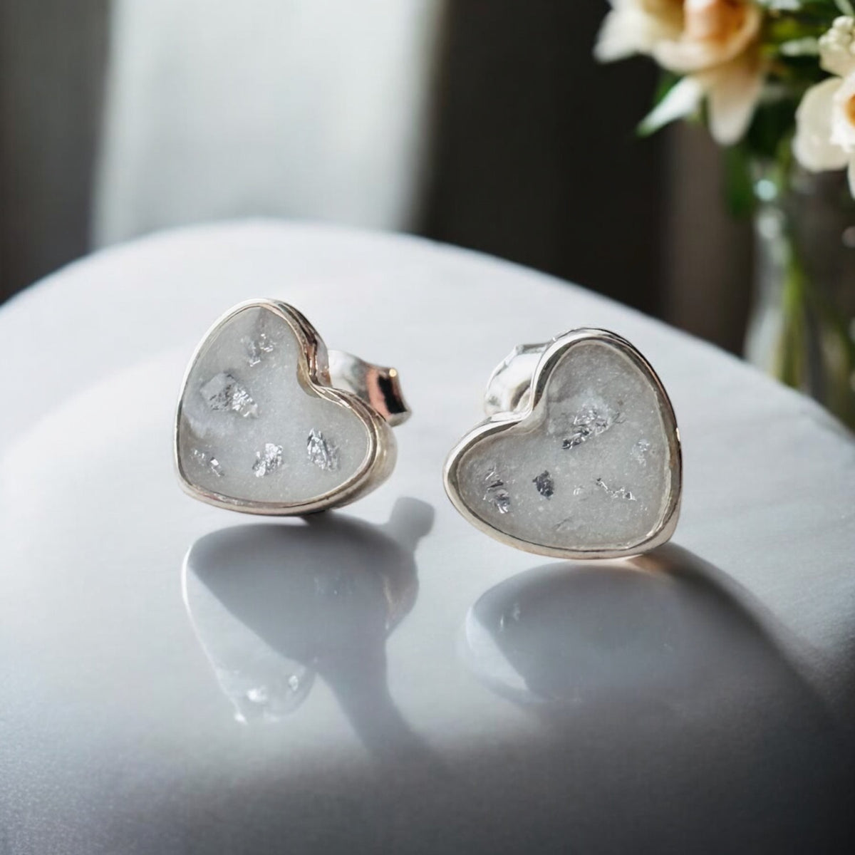 Heart Earrings Keepsake Memorial DNA Jewellery made with breastmilk Ashes Cord Hair - handmade in wales - Sterling Silver - Breastfeeding 