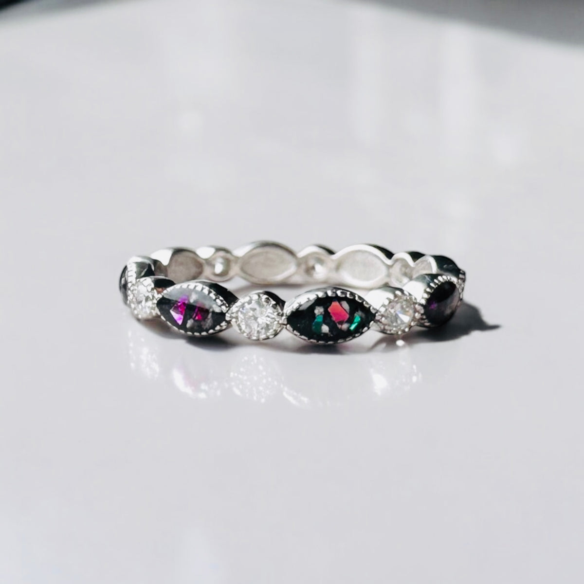 Ring Eternity Crystal Marquise Keepsake Memorial DNA Jewellery made with breastmilk Ashes Cord Hair - handmade in wales - Sterling Silver