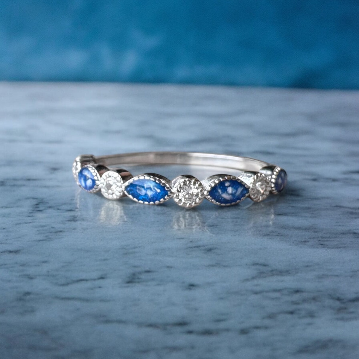 Ring Half Eternity Crystal Marquise Keepsake Memorial DNA Jewellery made with breastmilk Ashes Cord Hair - handmade in wales - Sterling Silver