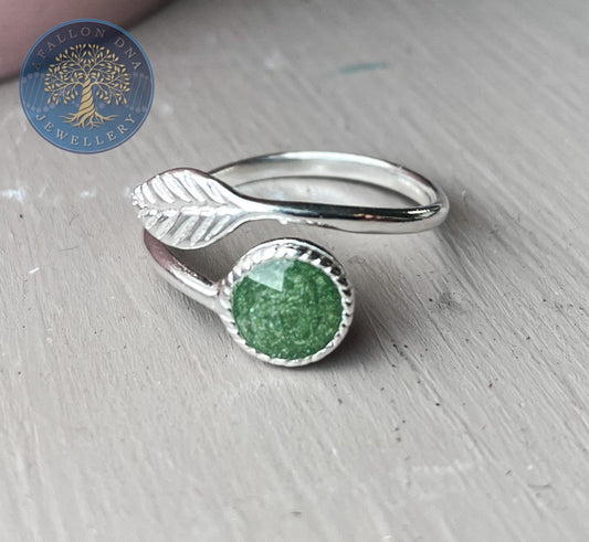 Green Feather Adjustable Ring Breastmilk Cremation Ashes Umbilical Cord Placenta Wales, UK Handmade with love