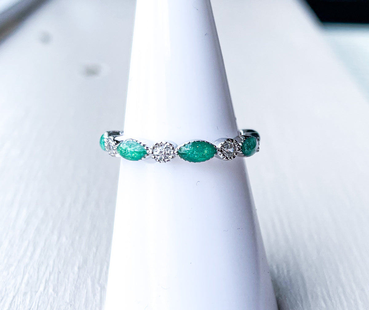 Ring Half Eternity Crystal Marquise Keepsake Memorial DNA Jewellery made with breastmilk Ashes Cord Hair - handmade in wales - Sterling Silver